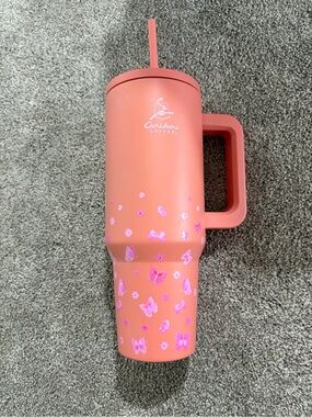 Caribou Coffee Coral Butterfly Travel Mug with Handle